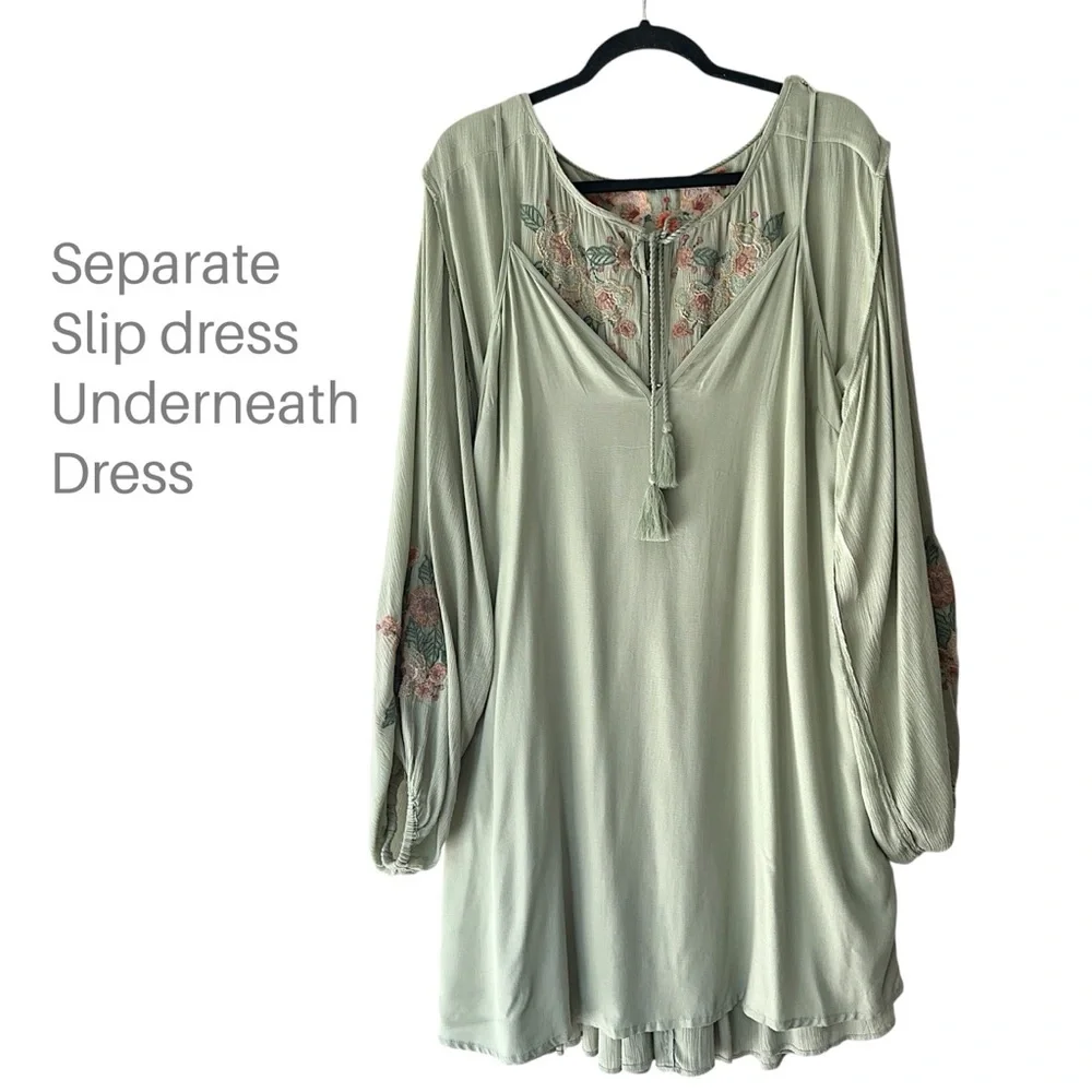 FREE PEOPLE SPELL ON YOU EMBROIDERED DRESS EARTH SAGE TASSEL TIES LINED | LARGE